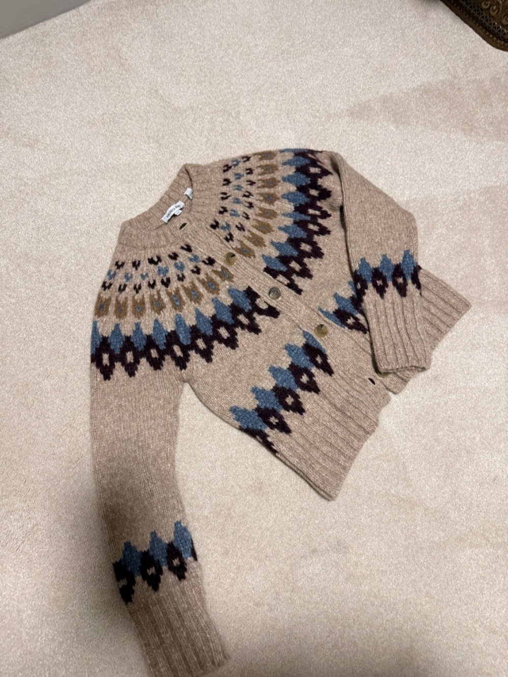 Beige Fair Isle Button-Front Knit Cardigan Sweater - Picture 6 of 7